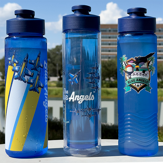 Blue Angels water bottles from recycled plastic Blue Angels water bottles made from recycled plastic.